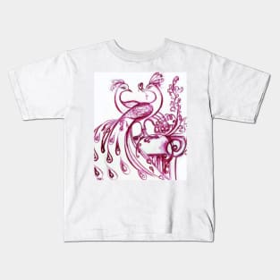 PEACOCKS IN LOVE Pink Purple White Hues Kids T-Shirt